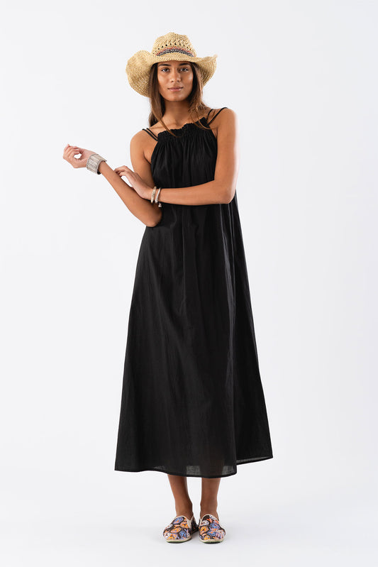 Lolly's Laundry EmmelineLL Maxi Dress in Washed Black met ruffle elastiek en dubbele spaghetti bandjes